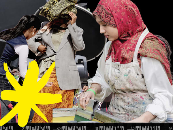 A collage of students working in the print studio and styling one another. 