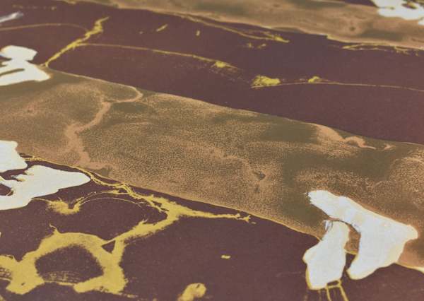 Close up on the patterns and brown shades of a lithograph, illustrating geological strata around traces of the artist's hand prints.