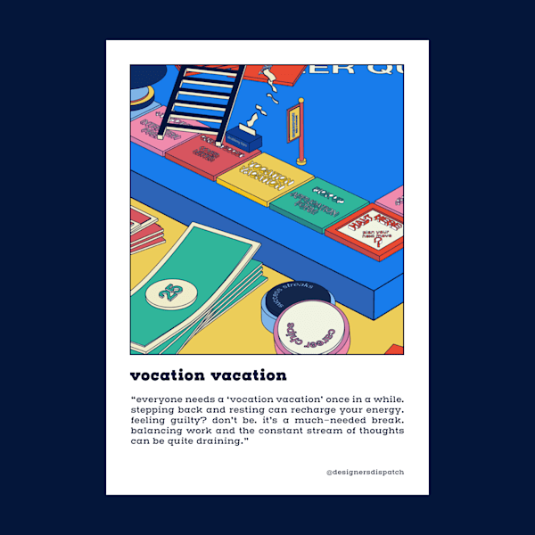 A colourful illustrated postcard with prompts for designers for their wellbeing and mental health