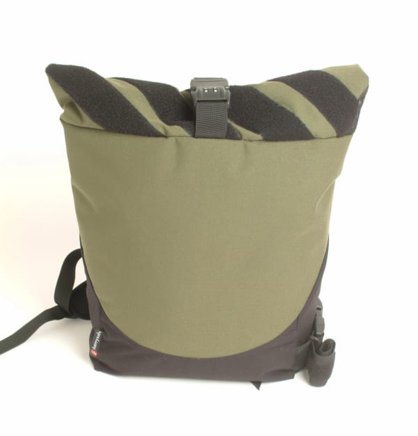 A green roll top bag 