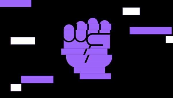 illustration of a purple fist rising up on black background. purple and white glitch treatment style.