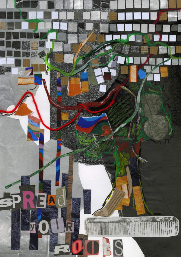 Mixed media collage with black and white paper, red yarn and colourful pastel