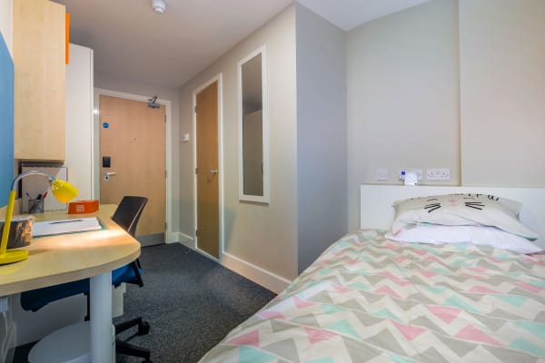 View of Standard room, 3/4 bed with shelving behind the bed and one large built in desk and full length mirror.