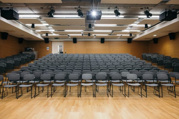 View from the front: seating and lighting set up in the LVMH lecture theatre.