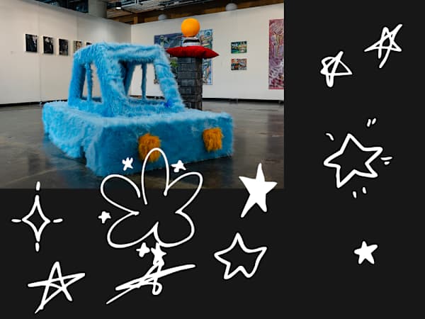 Blue furry car sculpture