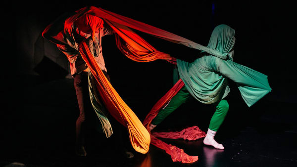Two male dancers during the design for dance project, a collaboration between Wimbledon College of Arts BA Theatre Design students and Middlesex University.