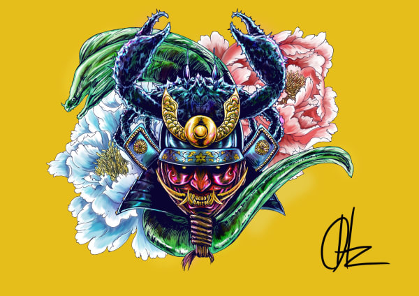 Stylised illustration of a character wearing a samurai helmet adorned with a crab, sea creature and flowers