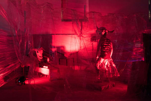 Room with a red light and a figure wearing an animal skull helmet