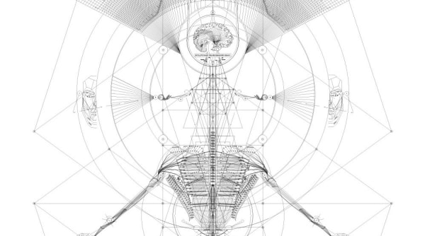 line technical drawing on white background. Abstract and geometric shapes. At the top a brain, left and right sides of a face split in half, and at the bottom the top of a skeleton.