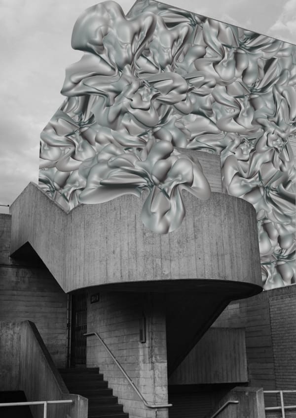 Collage of digital 3D shape against Brutalist building