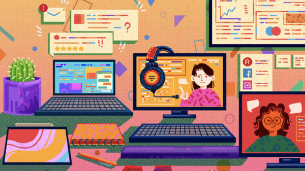 Colourful illustration of laptops, computers and other technology