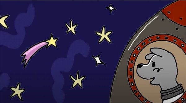 Animation still of a dog watching stars in space.