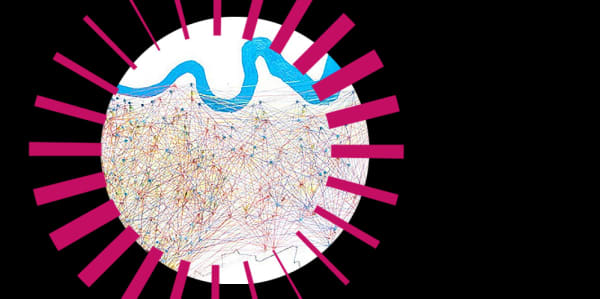 map of london mage of pins and coloured threads inside a pink radial circle graphic on a black background. 