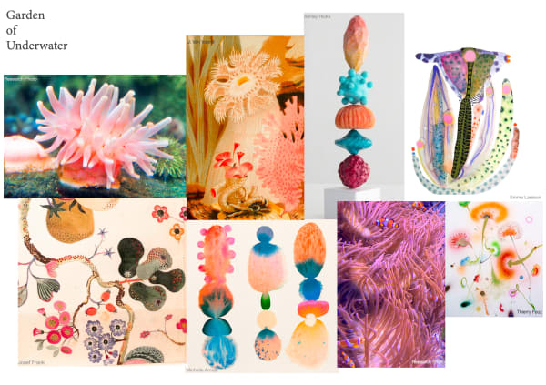 A moodboard with colourful ideas inspired by nature and featuring watercolours