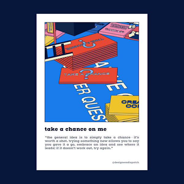 A colourful illustrated postcard with prompts for designers for their wellbeing and mental health