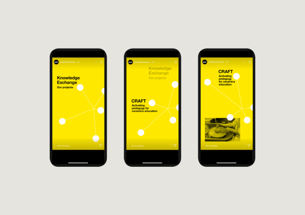 3 Instagram story assets with yellow background about 'our projects' and 'CRAFT, activating pedagogy for ceramics education' the assets show a storyboard for movement of text and rotating circles across each post to communicate animation  