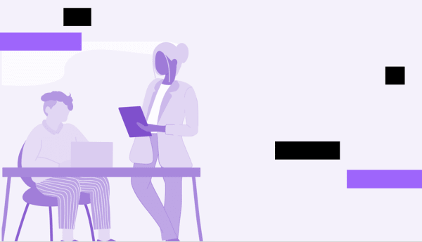 illustration of 2 women, 1 at sitting at a laptop at a desk, the other one standing by her. light purple glitch treatment style