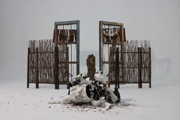 Bamboo fence, stalactite doorframe and lacquered panel form three gates, in front of are pottery shards, incense burner, and behind are wooden tablet.