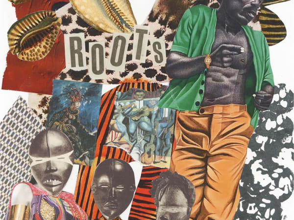 Colourful collage imagery featuring Black hair styles, afro combs and photographs of various people  