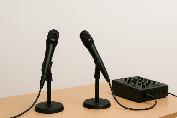 2 microphones and recording equipment on a table