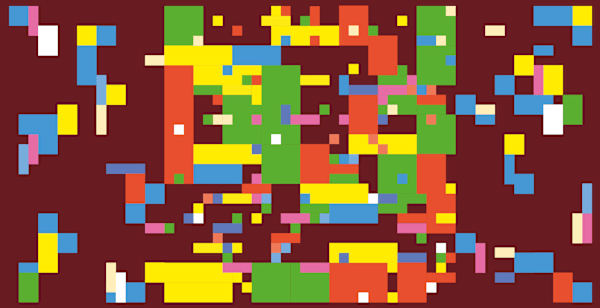 An abstract geometric composition with many rectangular and square blocks of colour on a burgundy background.