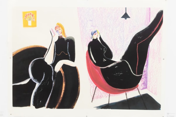 Illustration of two ladies wearing black outfits sitting comfortably in chairs. 