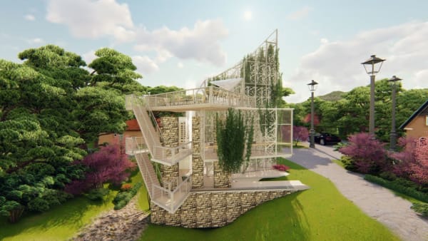 Digital render of a pale building set in green lush landscape