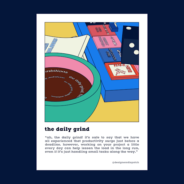 A colourful illustrated postcard with prompts for designers for their wellbeing and mental health