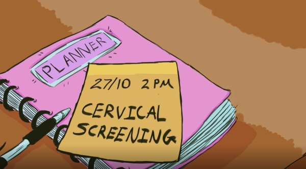 Screenshot from an illustration film showing a diary with a post-it notes reading 