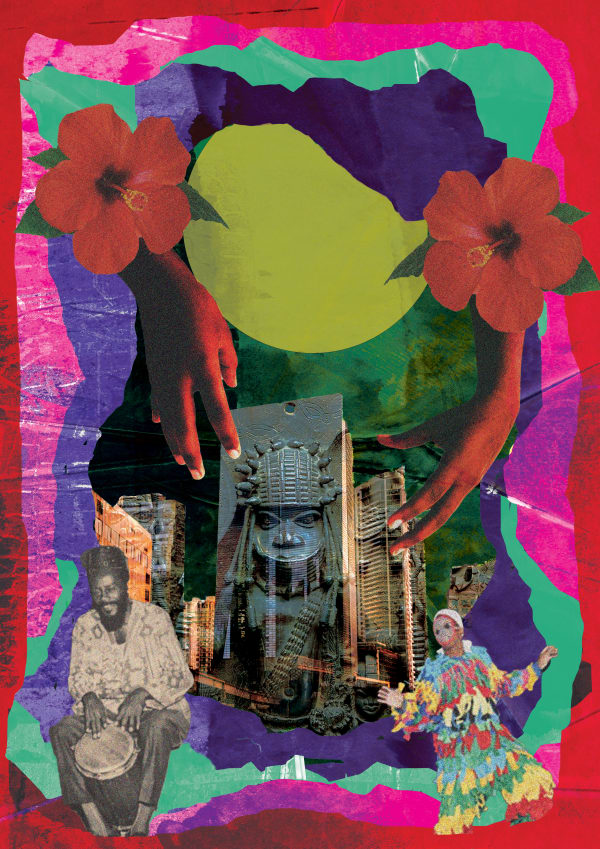 Colourful digital collage using scans of magazine clippings, paper textures and hands
