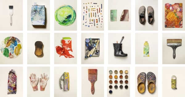 A grid of 20 images showcasing various colorful, well-used art supplies and tools against a plain background. Items include paintbrushes, paint tubes, a sponge, palette knives, worn shoes, paint-splattered Crocs, gloves, oil pastels, mixing palettes, and containers filled with vibrant pigments.