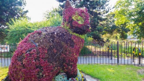 A sculpture of a cat made out of plants