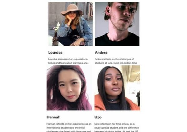several picture of students with text (illegible) underneath. Screenshot of the UAL student voices webpage