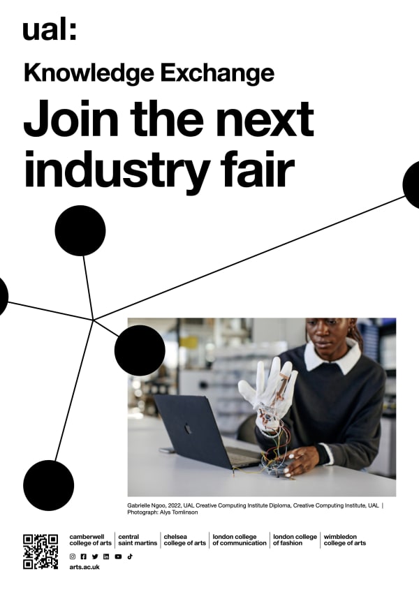 Poster design with text 'Knowledge Exchange, join the next industry fair' and an image of a person holding their hand out with a glove connected to wires and a laptop