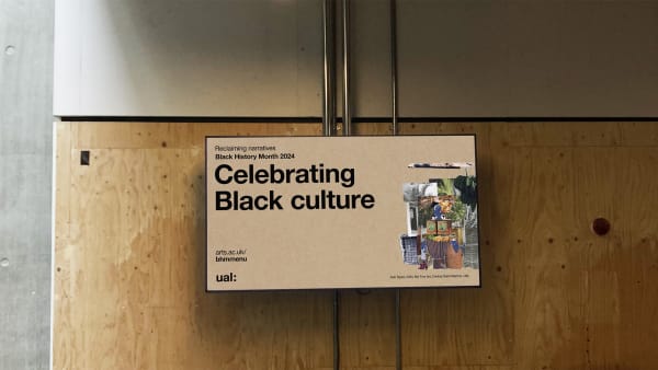 Mounted television displaying events information with collage artwork