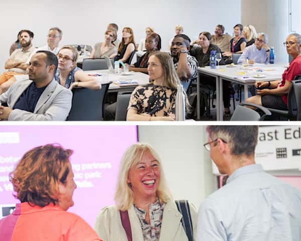 A group of practitioners sat together in a room at tables they are concentrating on someone out of view. Bottom- 3 people standing together talking and smiling/ laughing.