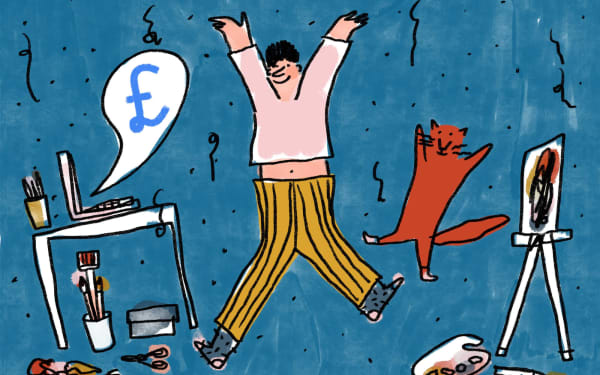 Illustration of person and ginger cat jumping in the air as money notification on laptop appears