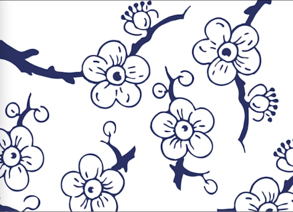 An illustrated flower-pattern in blue outline on white background.