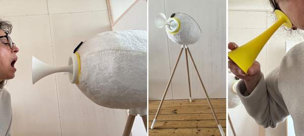 A trio of photos of Paulina with a prototype of a sound machine with a yellow mouthpiece and white furry body. In one photo Paulina is humming into the device. In another it's mounted on a tripod. 