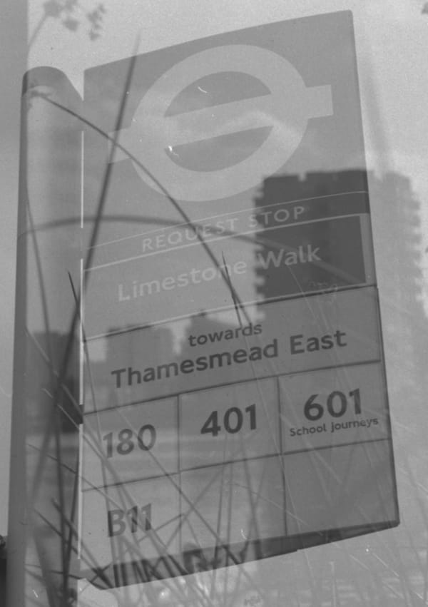 Photo of a block of flats overlayed with an image of a bus stop