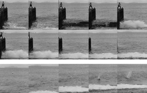 Composite image of black and white photographs of figure throwing object into sea