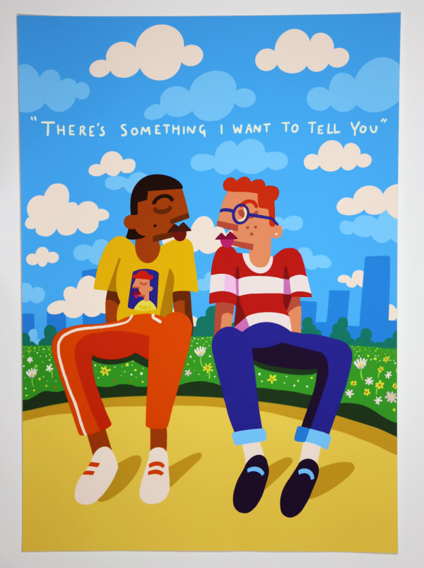 An illustration of two people sat in a park beneath a blue sky with text that reads: 