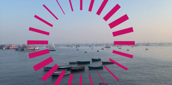 picture of a port with boats on water with a pink graphic radial overlay.