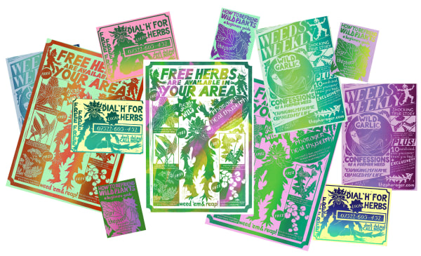 A selection of graphics of flyers advertising free herbs