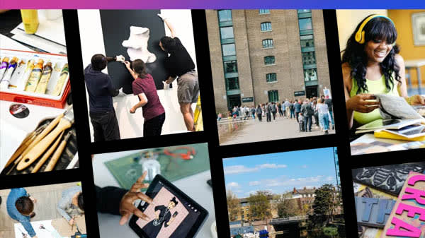 A collage of students, their work and UAL locations