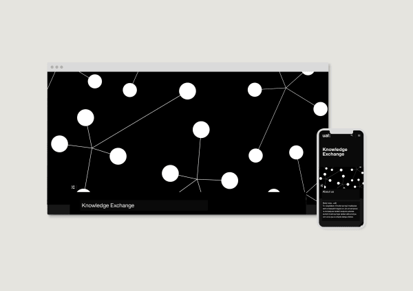 Web page screenshot shown on desktop and mobile with black background and white nodes and branches connecting across the page, with header 'Knowledge Exchange'
