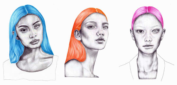 Three black and white drawings of a female with coloured hair and an emphasis on her right eye.