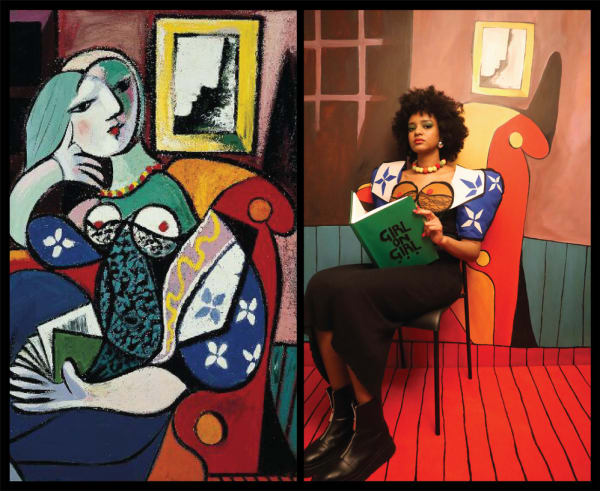 Colourful diptych with a painting of a figure on the left and a photograph on the right