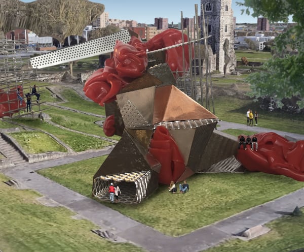 Collage of large building with metal sections and red bulbous areas