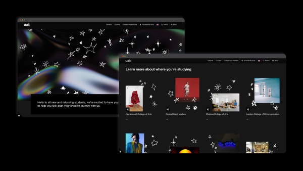 2 webpage screenshots of the welcome homepage on the UAL website, showing web card designs including hand drawn stars, images and holographic backgrounds